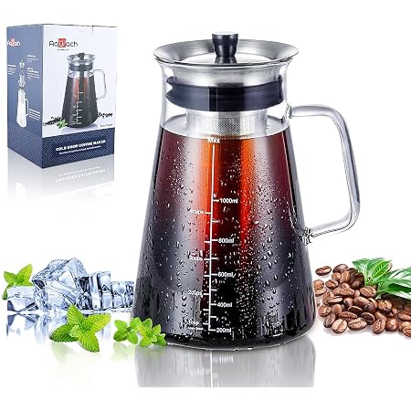 Amazon.com: Cafetera de infusión en frío con jarra de vidrio soplado a  mano, filtro de acero inoxidable extraíble, para café helado y té frío.  Tapa hermética/apta para lavaplatos. : Hogar y Cocina