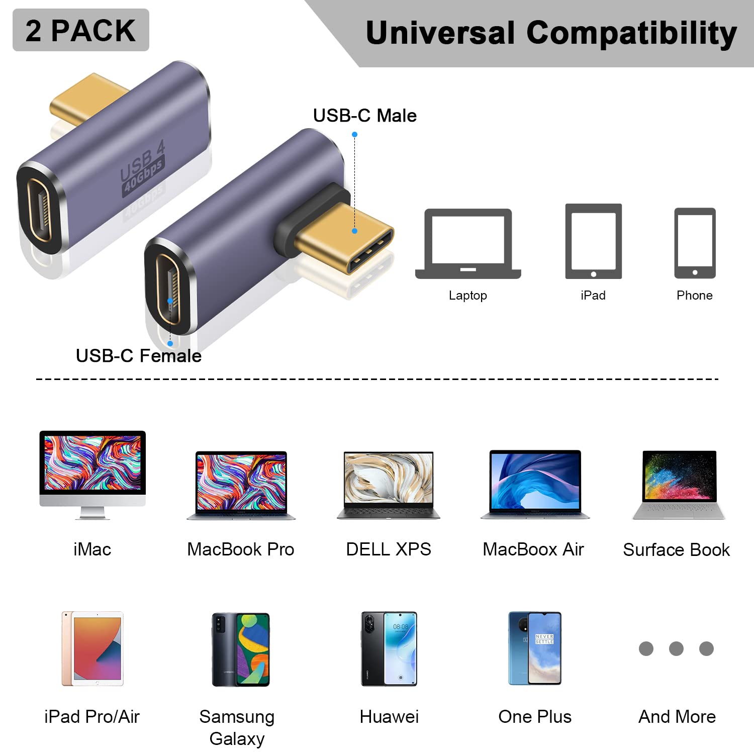 HENGBIRD USB C 90 Fokos Adapter 40Gbps USB 4 Típus C Férfi-N HENGBIRD USB C 90 Fokos Adapter 40Gbps USB 4 Típus C Férfi-N