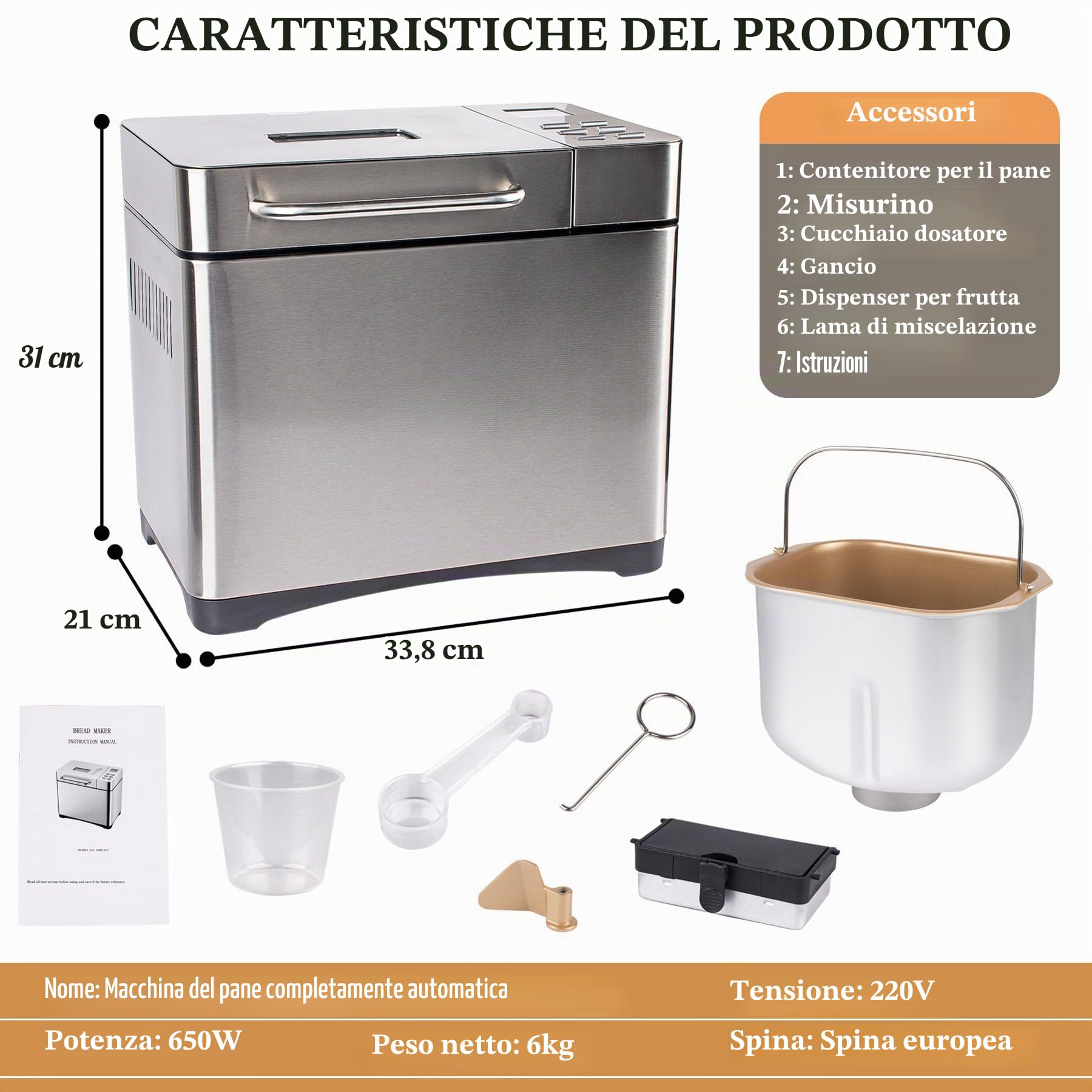 Macchina per Il Pane in Acciaio Inossidabile, 2 libbre, 17 in 1, con distributore di Frutta e Noci, Padella in Ceramica Antiaderente e Pannello Touch Digitale, 3 Dimensioni di pagnotta