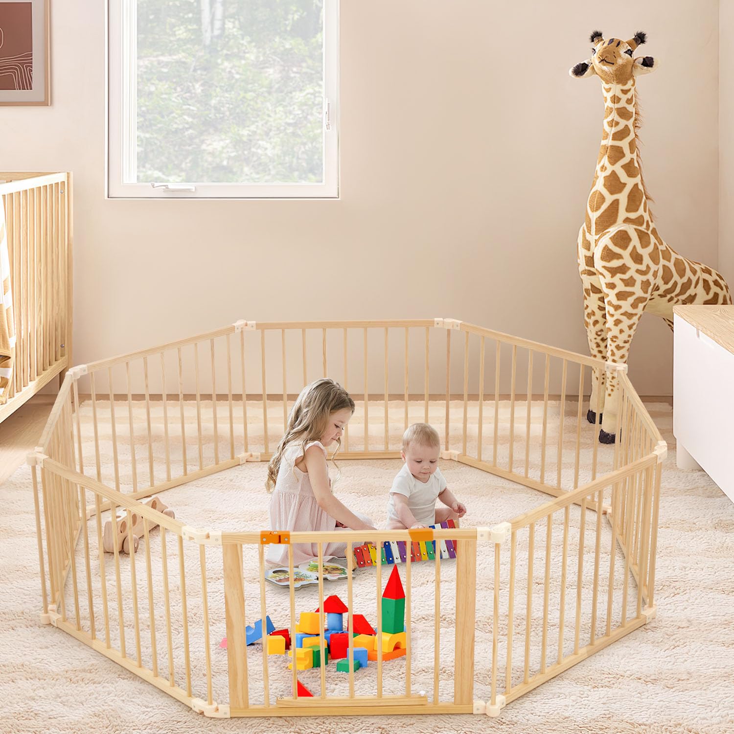 Wooden Playpen Extra Large, 74”×74” Foldable Baby Playpen for Babies and Toddlers, Baby Play Fence Baby Gate Playpen with Locking Gate, Changeable & Expandable Baby Play Yard (8 Panel)