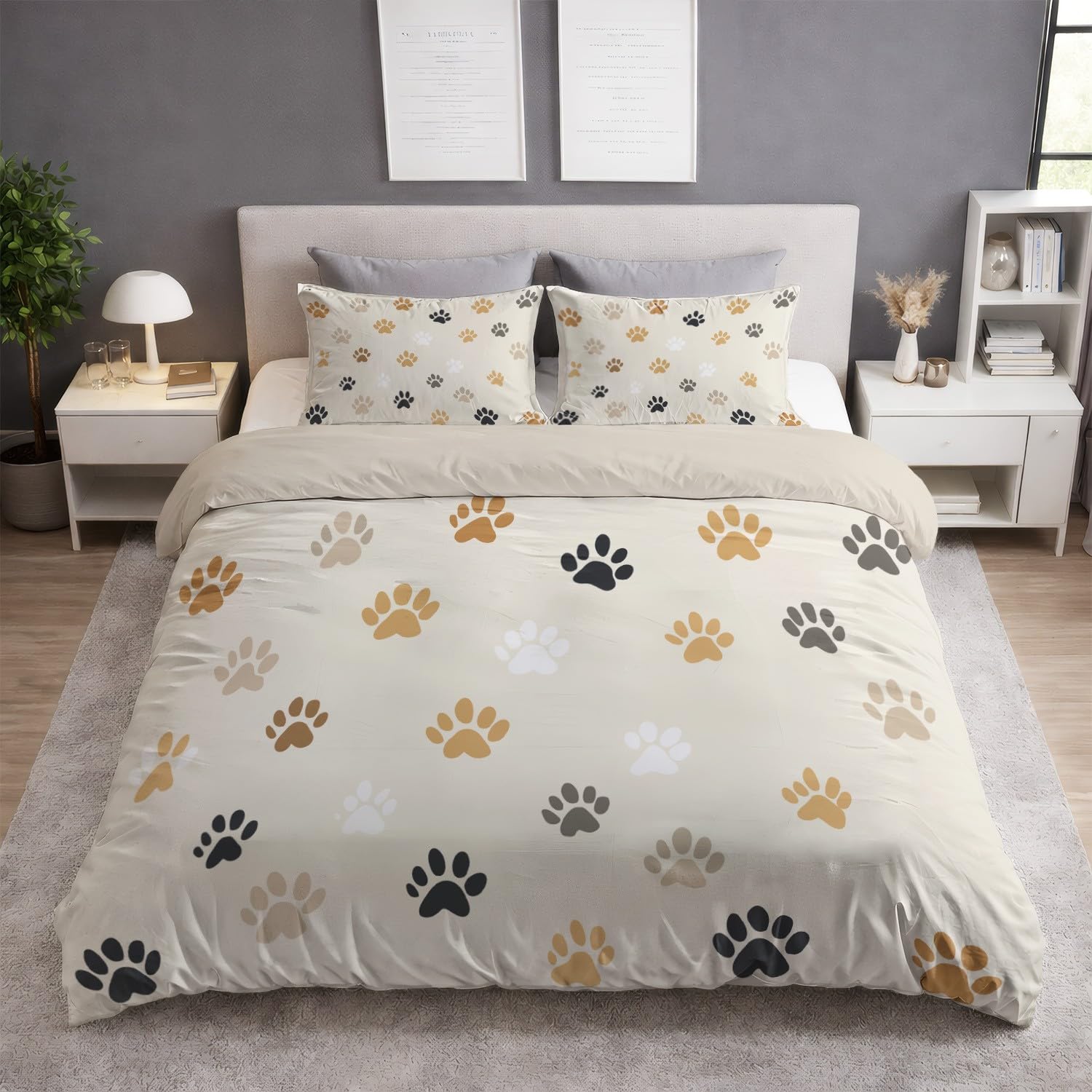 Funda Nordica Cama 150 Funda De Edredon 220 x 240 Juego De Ropa De Cama Sin Costuras Animales Huellas de Patas - Amarillo De Microfibra Suave Reversible Ropa De Cama Set con Funda De Almohada 50x75CM