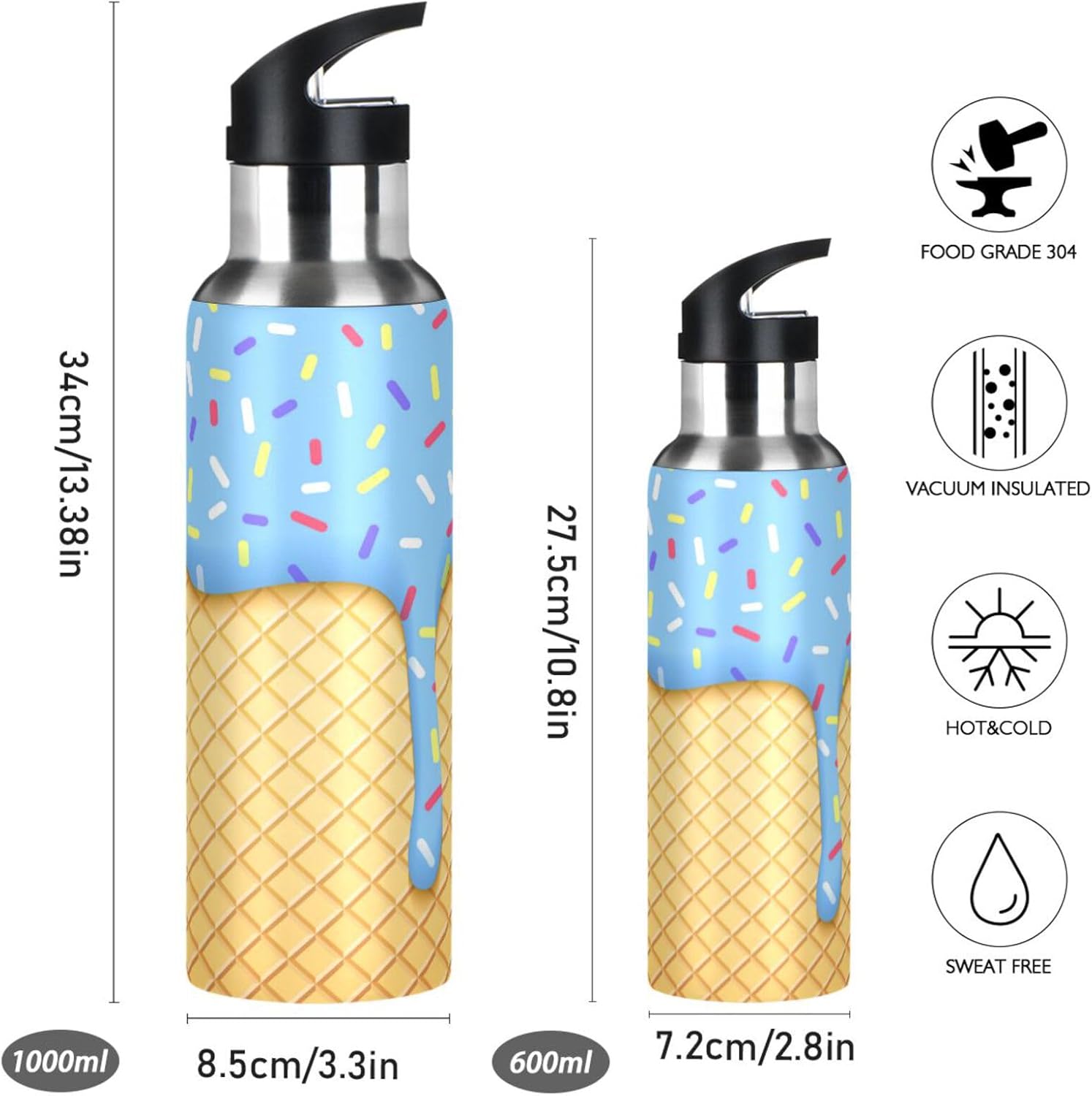 YETTASBIN Ice Cream Cone Water Bottle with Straw Lid 20oz Leakproof Vacuum Insulated Stainless Steel Sport Water Bottles for Gym, School, Travel - Image 2