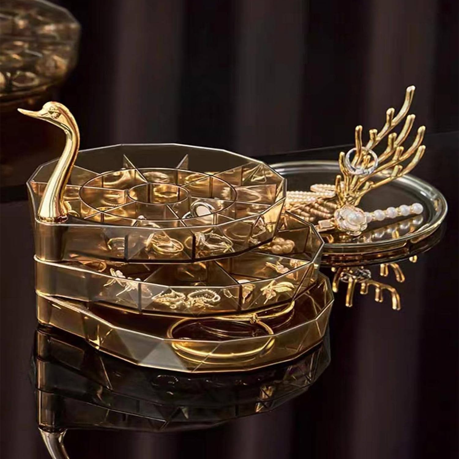 Generic Rotatable Jewelry Storage Box Earring Holder, Swan Jewelry Storage Box with Transparent Lid, Reindeer Ring Holder for Jewelry, Elegant Design Multi-Functional Organizer (swan, gold)