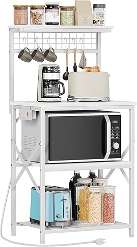 Vista 19 de Furologee Estante para hornear de cocina con toma de corriente, soporte para horno de microondas con almacenamiento de 4 niveles, mesa de café con 6