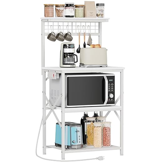 Furologee Kitchen Bakers Rack with Power Outlet, Microwave Oven Stand with Storage 4 Tiers, Coffee Bar Table with 6 S Hooks, Kitchen Storage Shelf Rack for Spices, Pots, White