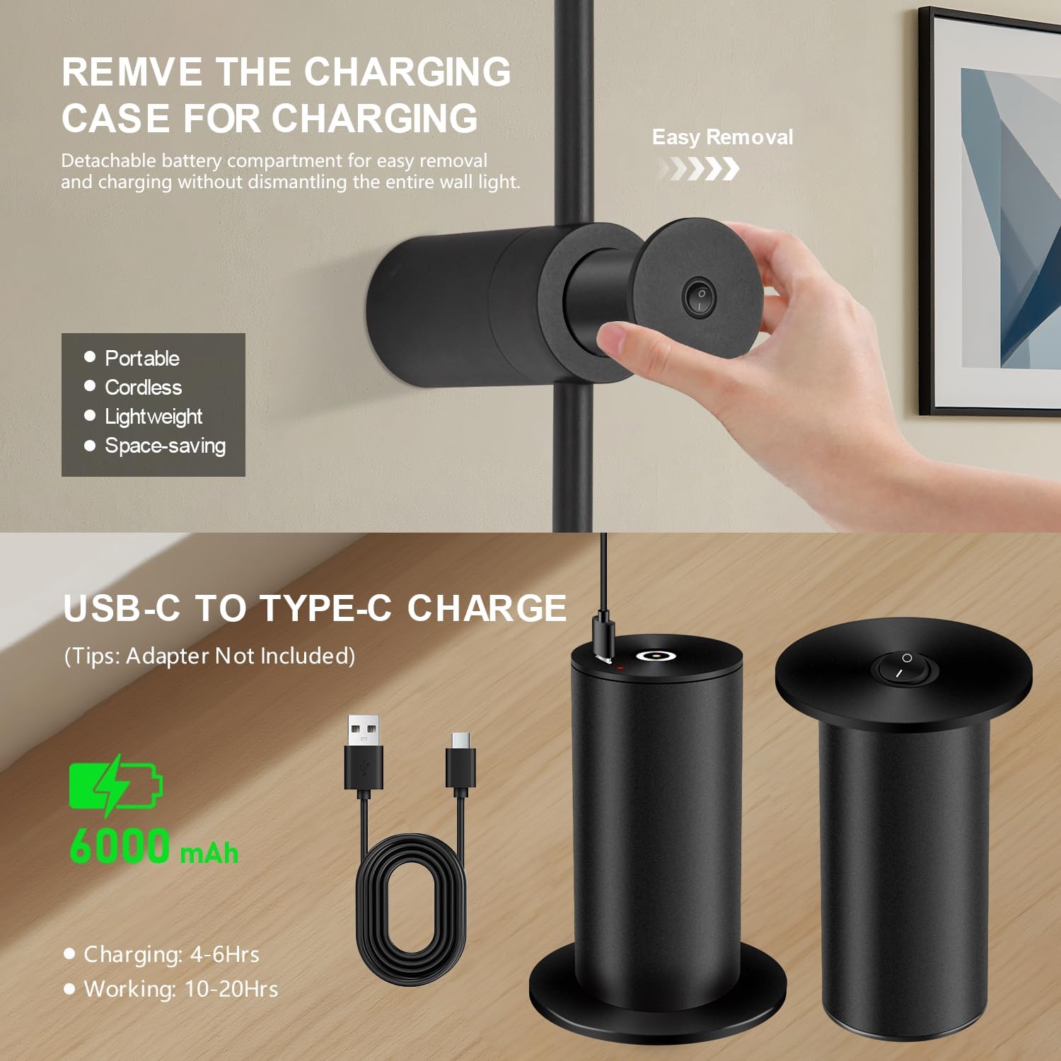 Battery Operated Wall Sconces with Remote Control, USB Rechargeable Wall Lights Wireless, Dimmable LED Wall Sconce Set of 2, 360° Rotation Adjustable Wall Decor for Living Room Bedroom, Black, 24 Inch