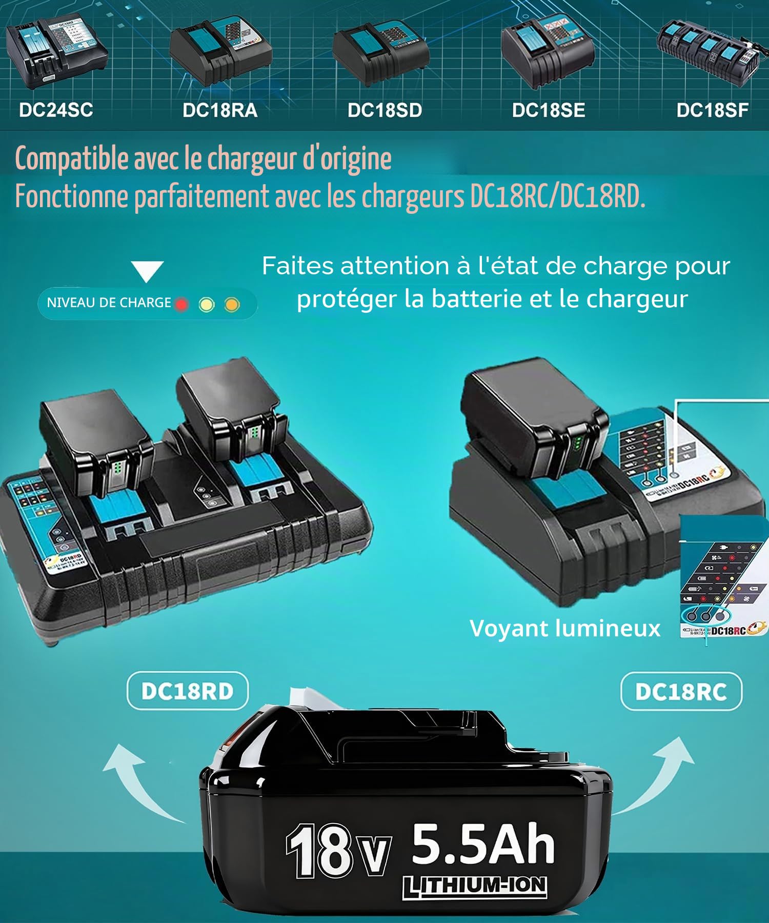 2X 18V 5.5h Batteries de Rechange pour BL1860B BL1850B BL1840 BL1845 BL1850 BL1830 BL1835 BL1845 BL1890 BL1415 BL1430 BL1440 BL1835 194205-3 LXT-400 avec Batterie LED Outil LED