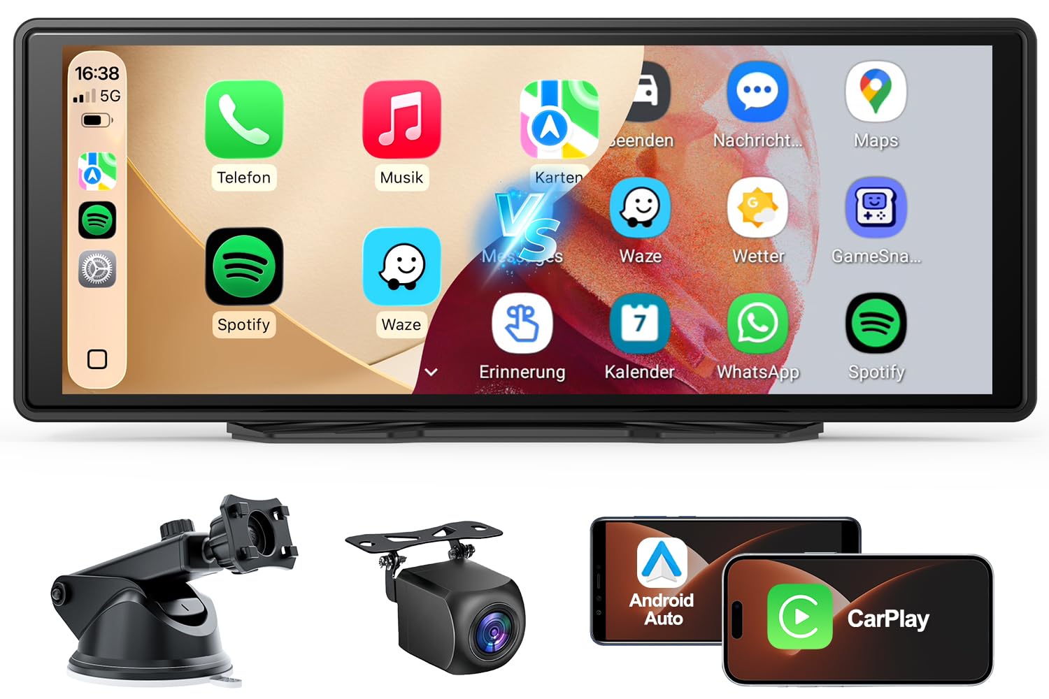 CarPlay Bildschirm, Wireless Android Auto Display mit Touchscreen, GPS Navigation, Bluetooth Freisprecheinrichtung, MirrorLink, Tragbare Multimedia für Auto PKW LKW Womo (9,26 Zoll mit Rückfahrkamera)
