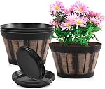 Quarut 4 Pack13 inch Large Plastic Plant Pots Set,Whiskey Barrel Planters with Drainage Holes & Saucer,Flower Pots Imitation Wine Barrel Design for Indoor & Outdoor Garden Balcony Plants