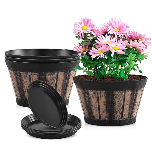 Quarut 8 inch Brown Plastic Whiskey Barrel Plant Pots Set