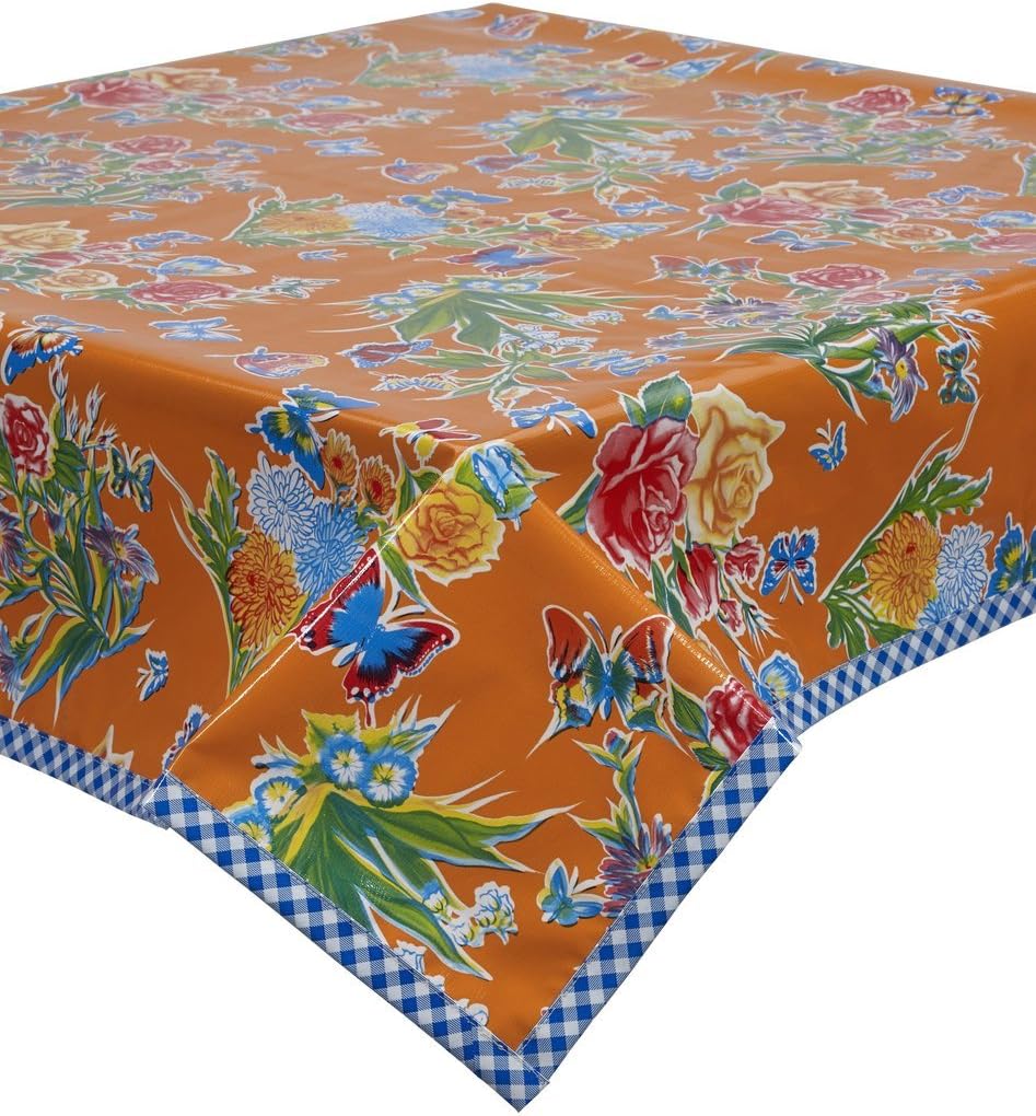 Oilcloth Tablecloth Edgars Butterfly Orange with Blue Gingham Trim You Pick The Size