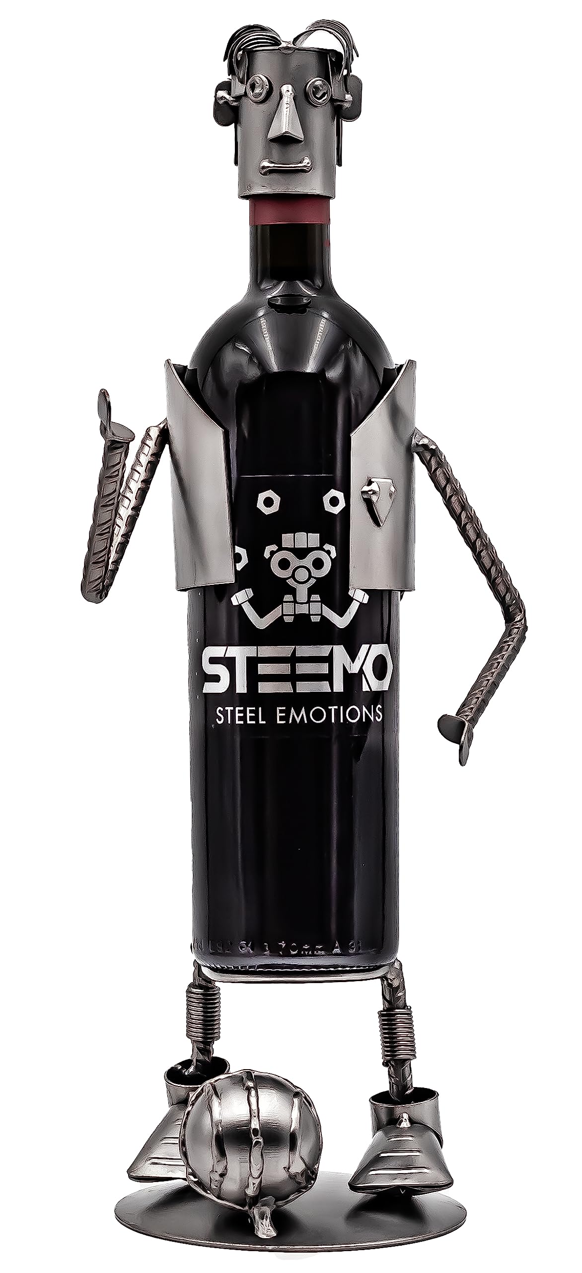 STEEMO Original Schraubenmännchen Weinflaschenhalter – Fußballspieler, Handgefertigter Flaschenständer aus Stahl, Nachhaltiges Geschenk für Sportfans, Kreative Wein-Deko, Grau