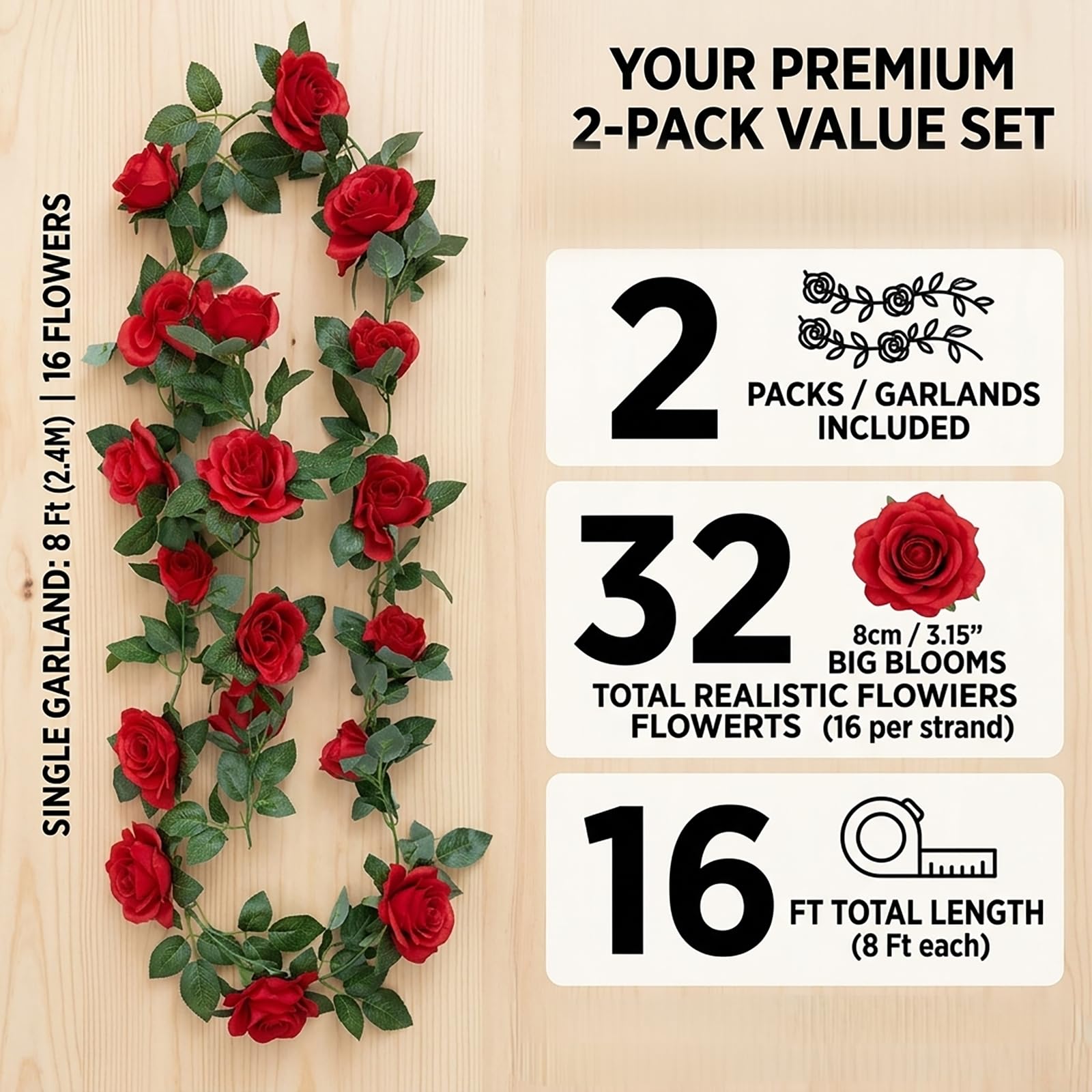 Amazon.com: SWSTINLING 2 Pack 16FT Artificial Rose Garland Vine
