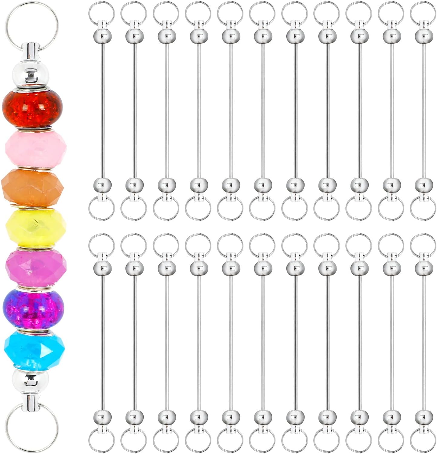 Goufaju 20pcs Beadable Keychain Bars, Blank Detachable Metal Keychain Accessories for DIY Craft, Beaded Key Chain Kit with Silver Finish