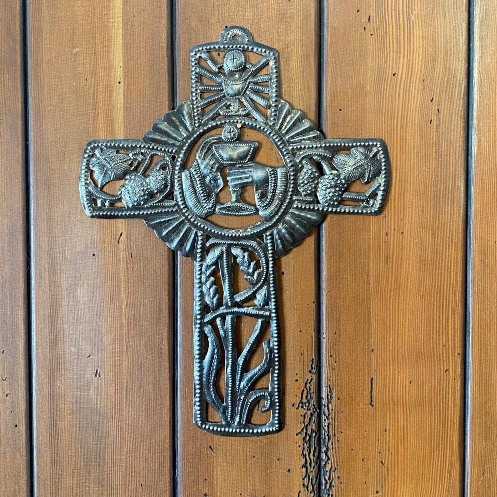 Metal Cross Home Decor, Folkart Religious Cross, Sacred Wall Hanging Cross Collection, Haitian 13 x 10 Inches, Handmade