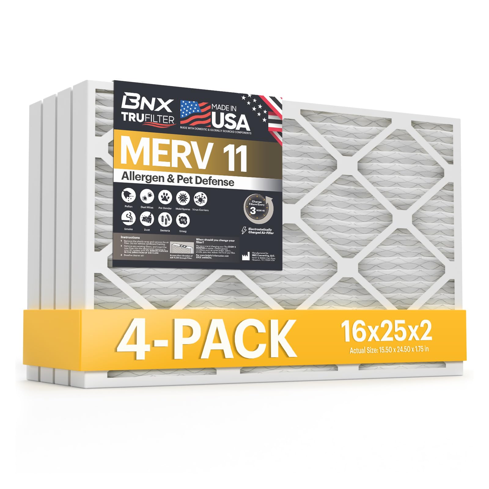 ***ONLY 2 OF 4 FILTERS***BNX TruFilter 16x25x2 Air Filter MERV 11 (4-Pack) - MADE IN USA - Allergen Defense Electrostatic Pleated Air Conditioner HVAC AC Furnace Filters for Allergies, Dust, Pet, Smoke, Allergy MPR 1200 FPR 7