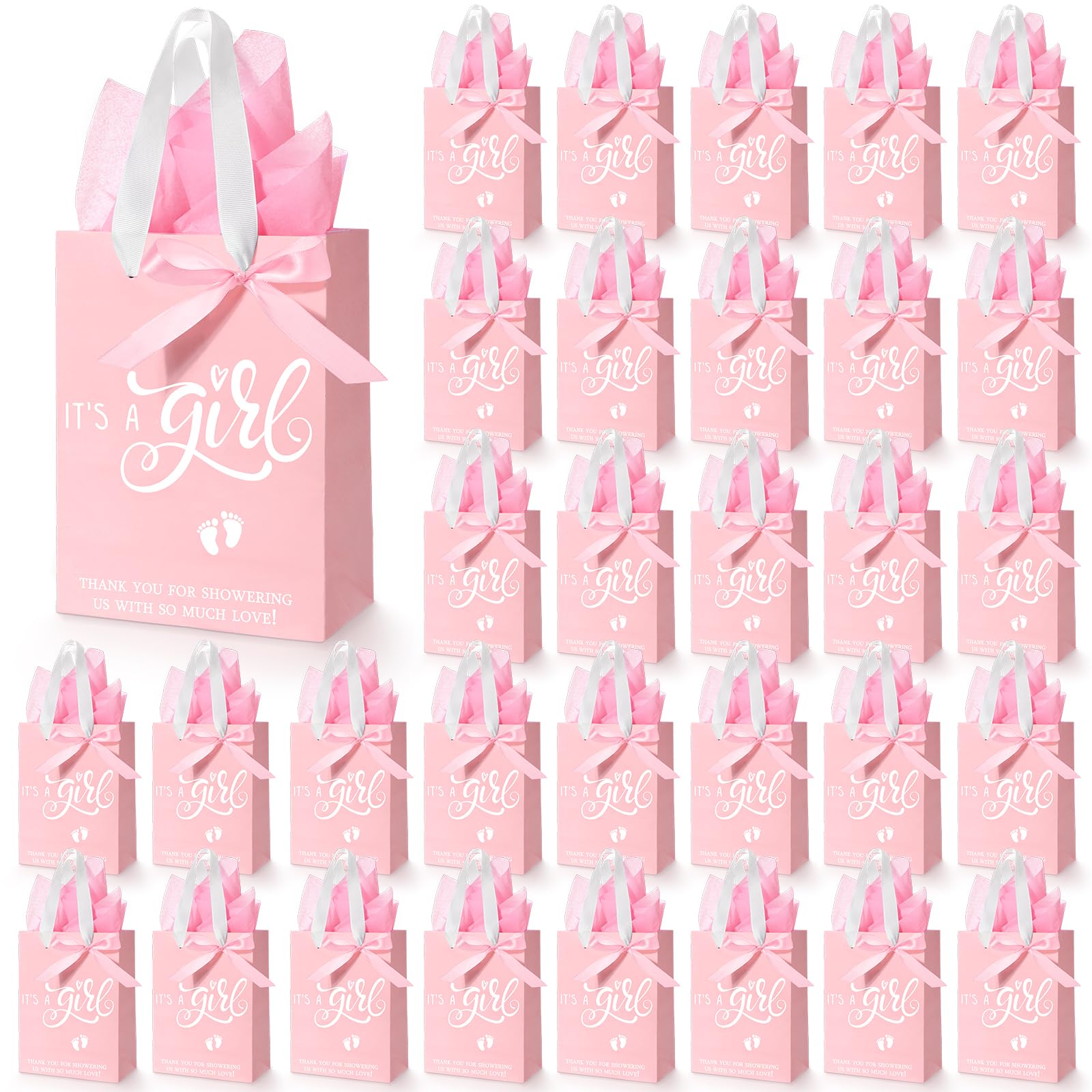 Qilery 50 Sets 8" Baby Shower Favor Bags It's a Girl Gift Bags with Handle Tissue Paper and Ribbon Bow Pink Baby Shower Party Favors for Guests Gender