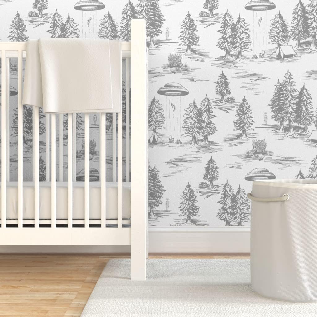 Peel & Stick Wallpaper 3ft x 2ft - UFO Space Aliens Whimsical Toile Traditional Gray & White Large-Scale Custom Removable Wallpaper by Spoonflower