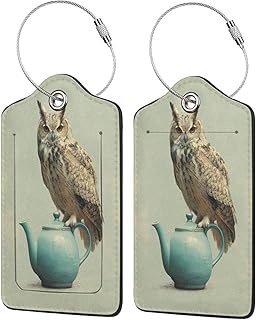 Owl Perched On A Teapot Luggage Tag for Suitcase 2 Pack Leather Luggage Tag with Privacy Flap Name Id Label and Metal Loop for Women Men Travel