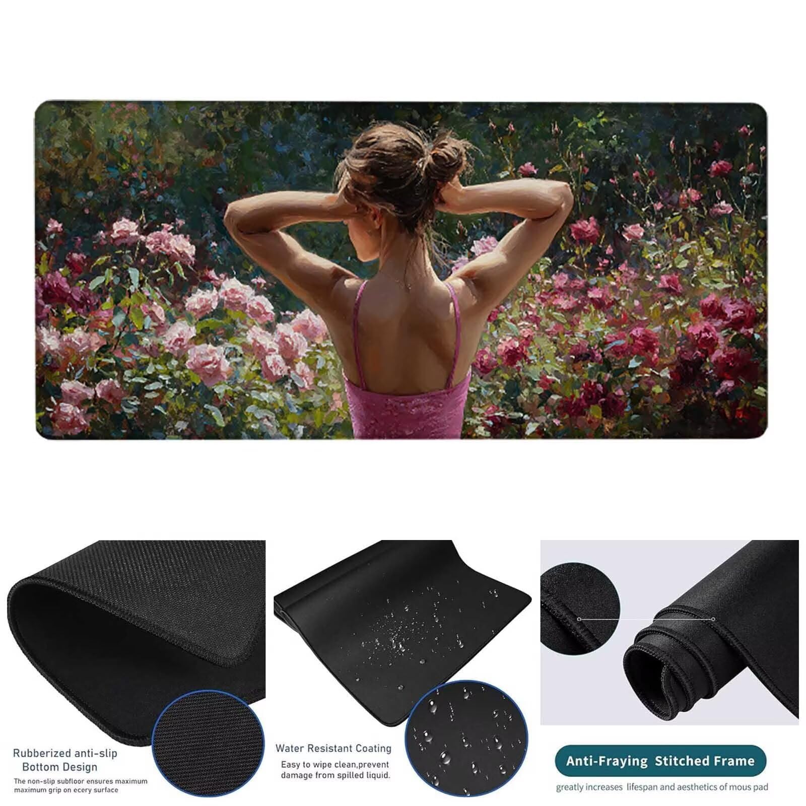 Różowa podkładka pod mysz 1200 x 600 x 3 mm duża podkładka pod mysz XXL kwiat pod mysz do biura dla graczy, zszyte krawędzie, antypoślizgowa gumowa podkładka pod mysz do komputera, komputera