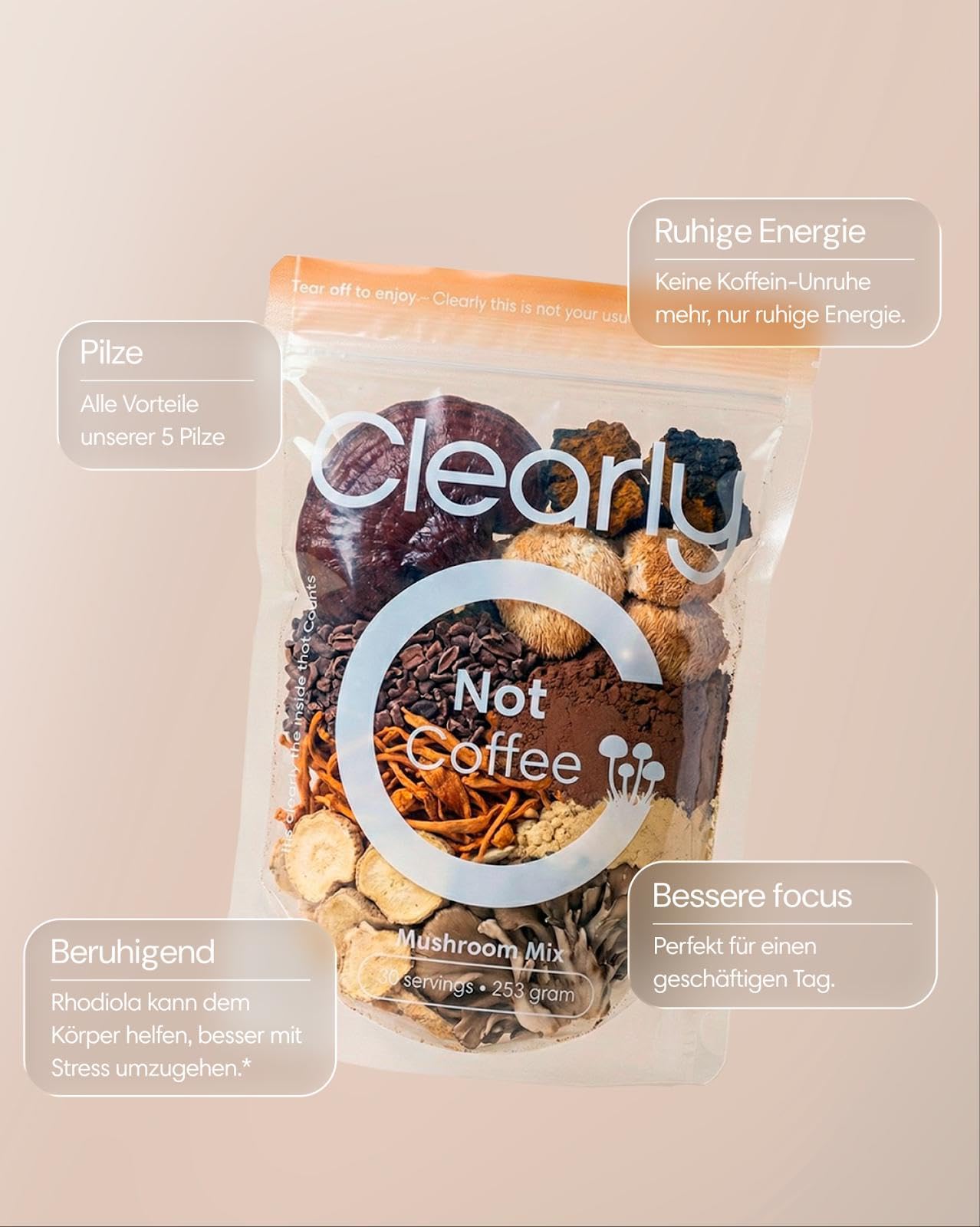 Clearly Not Coffee – Ungesüßtes Pilzgetränk mit Kakao, Chaga, Reishi, Lion's Mane & Cordyceps – Kaffee­freie Kakao-Alternative, Vegan & Zuckerfrei – 255 g