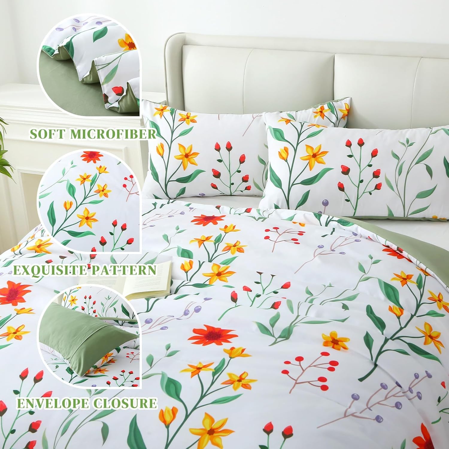 Queen Comforter Set Green 3 Pieces Bed in a Bag, Colorful Floral Bedding Sets Elegant Botanical Bed Set Lightweight Soft Comforter with 2 Pillowcases for All Season
