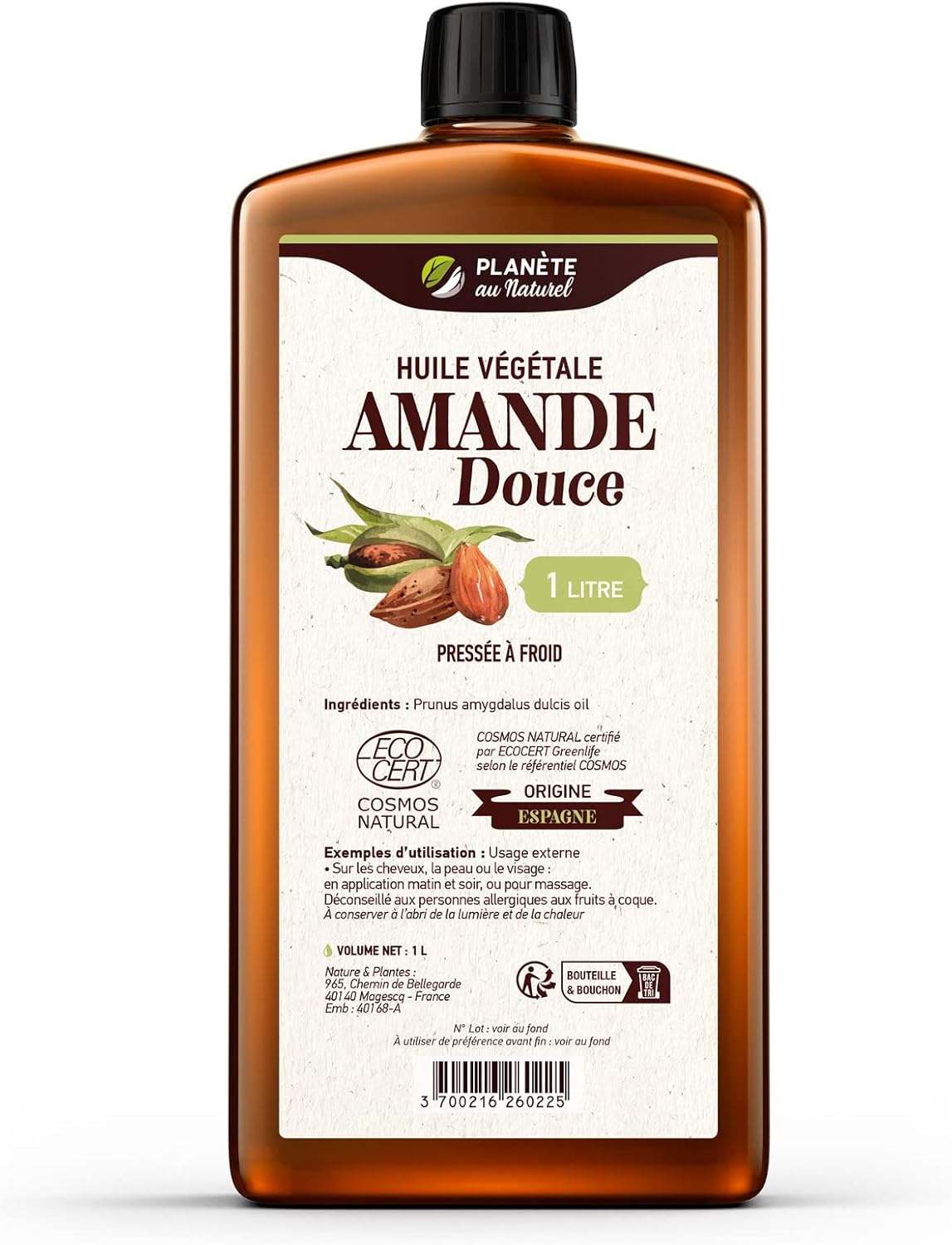 Huile d’AMANDE Douce 1 L – Cosmos Pure – Planète au Naturel – Pressée à froid – Cheveux, peau, visage