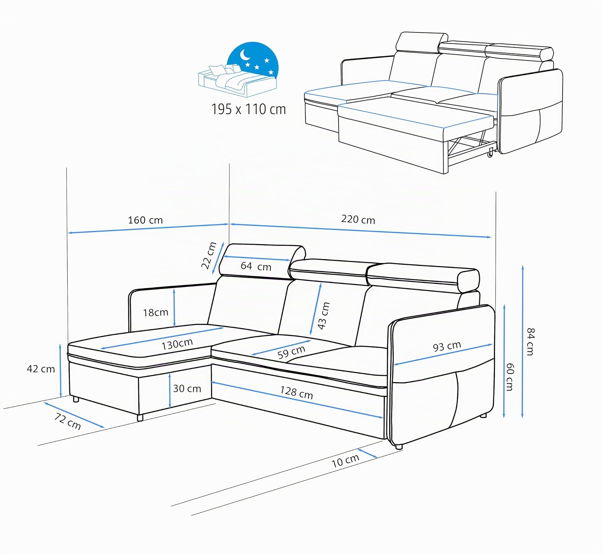 Ecksofa mit Schlaffunktion und Bettkasten 220 x 160 cm Hellgrau