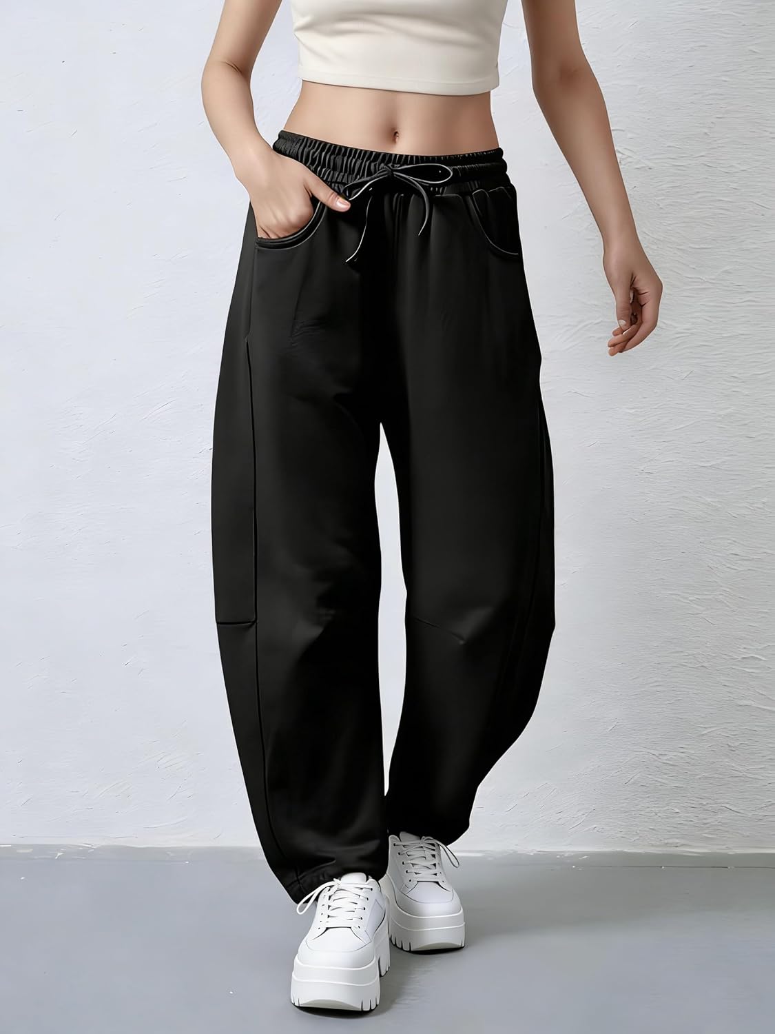 Women's Barrel Leg Sweatpants - 100% Cotton High Waisted Drawstring Wide Leg Pants with Pockets Casual Lounge Joggers