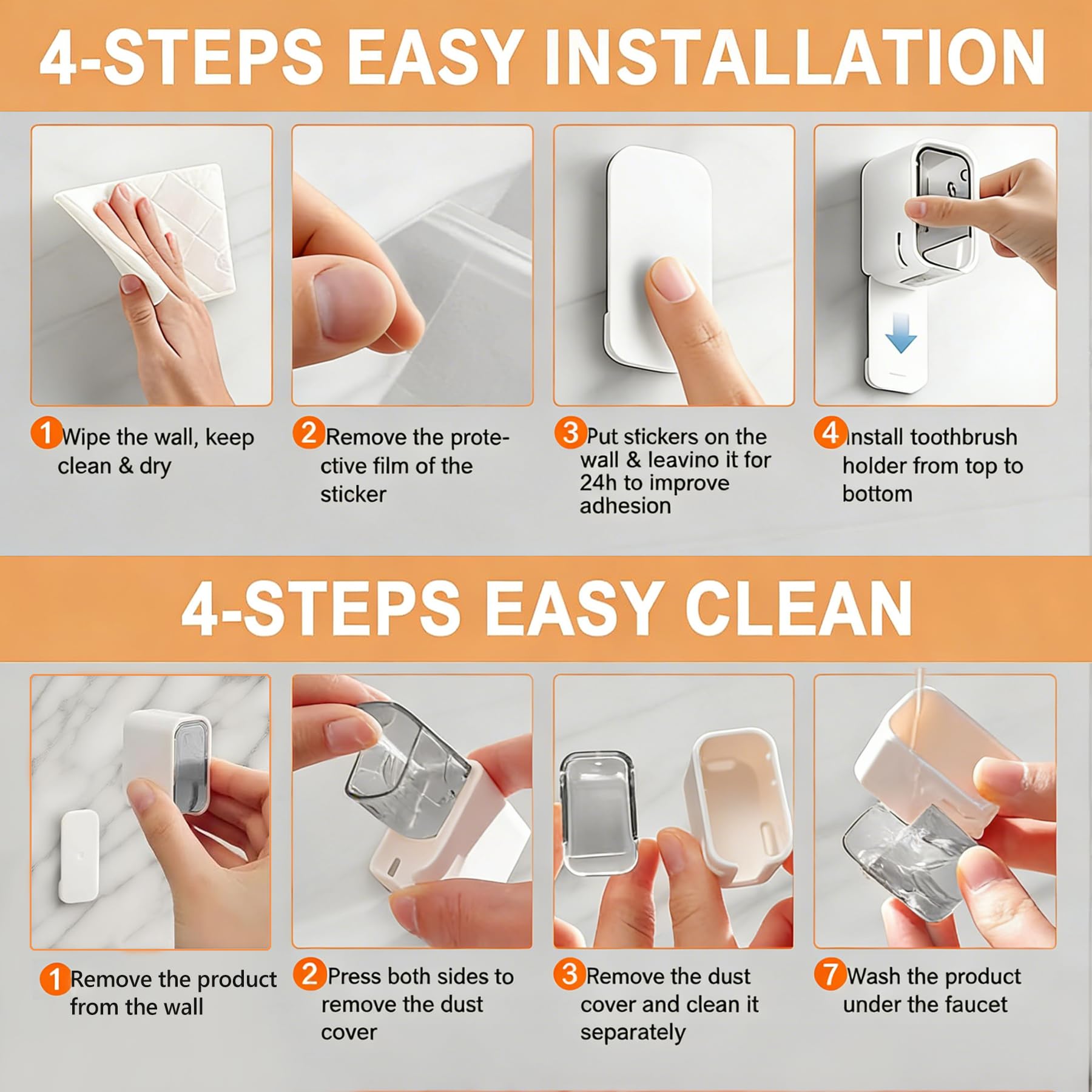 Toothbrush Holders for Bathroom - 3 Pack, Wall Mounted with Cover, Space-Saving Single Slot Toothbrush Holder for Shower, Family & Travel - 4