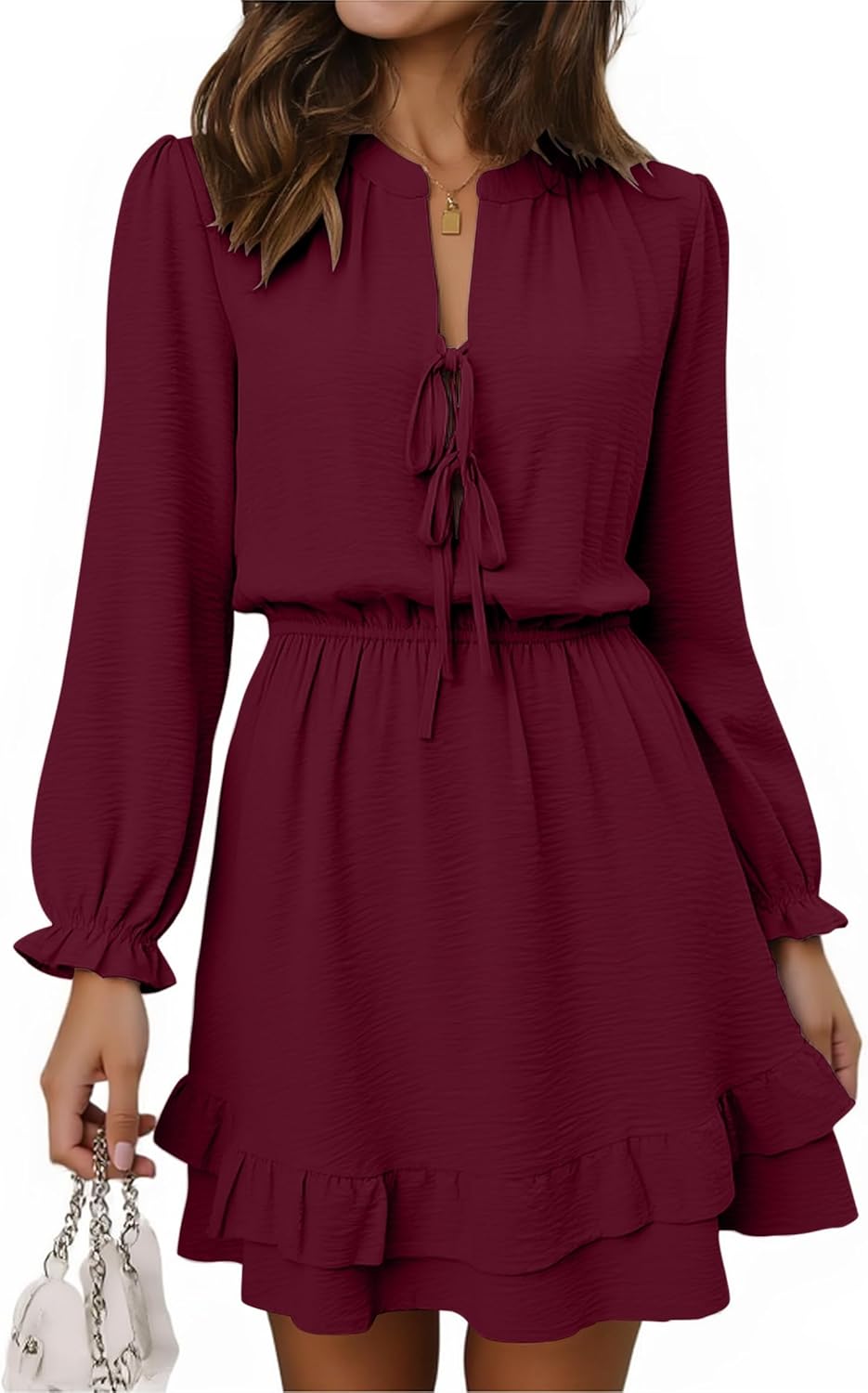 Angashion Womens Tie Front Mini Dress: V Neck Long Sleeve Layer Ruffle Hem Dress with Pockets