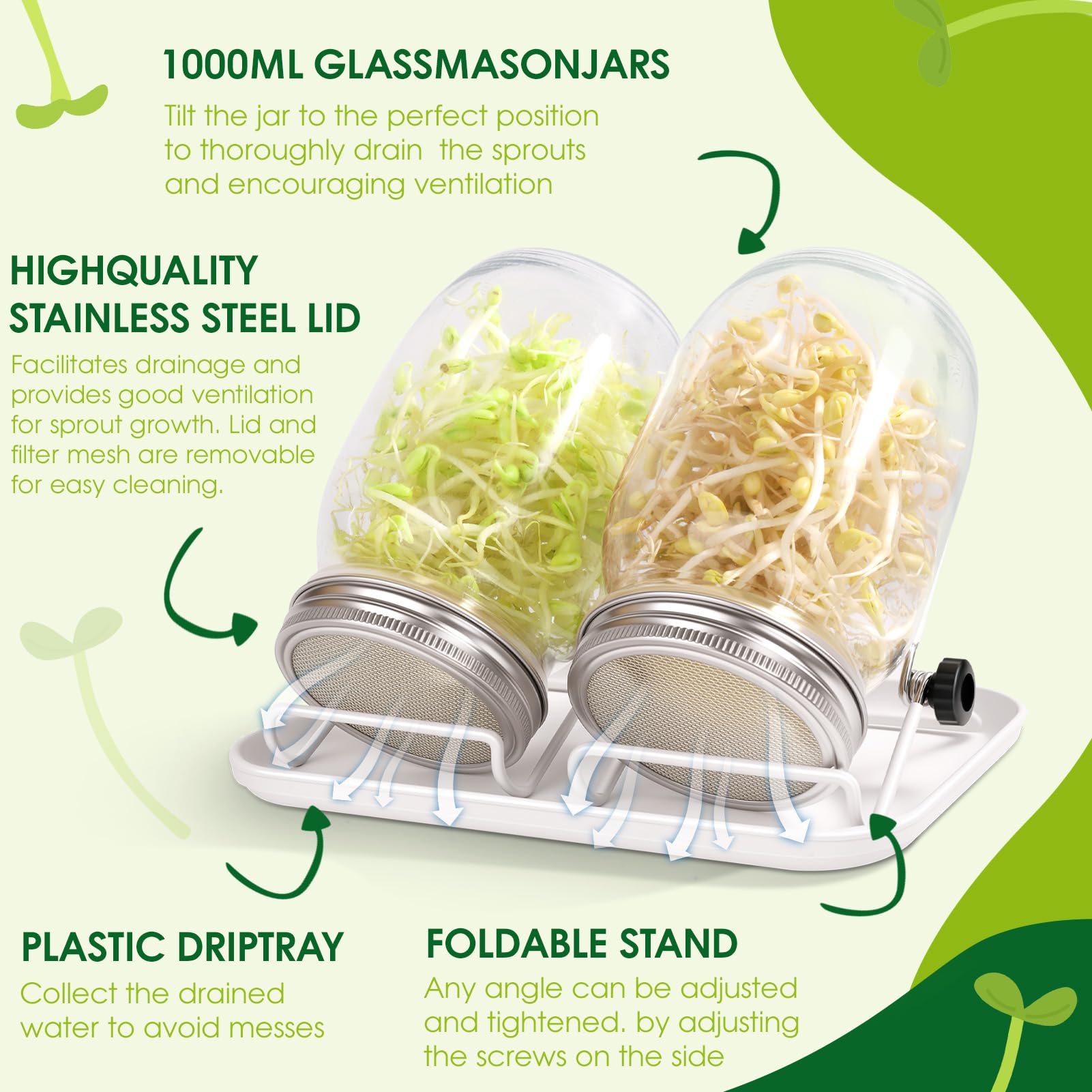 FoiiLiio Kit de Germinador de Semillas, 2 x 1000ml Frascos de Germinación, Incluye 2 Tapas de Colador de Acero Inoxidable, 2 Soportes, 1 Blanco Bandeja, Conjunto de Germinador