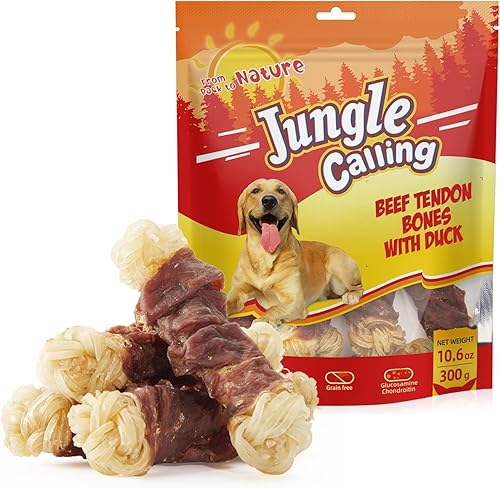 Jungle Calling Tendones de carne de res para perros, tendones envueltos en pato, masticables de larga duración para cadera y articulaciones para