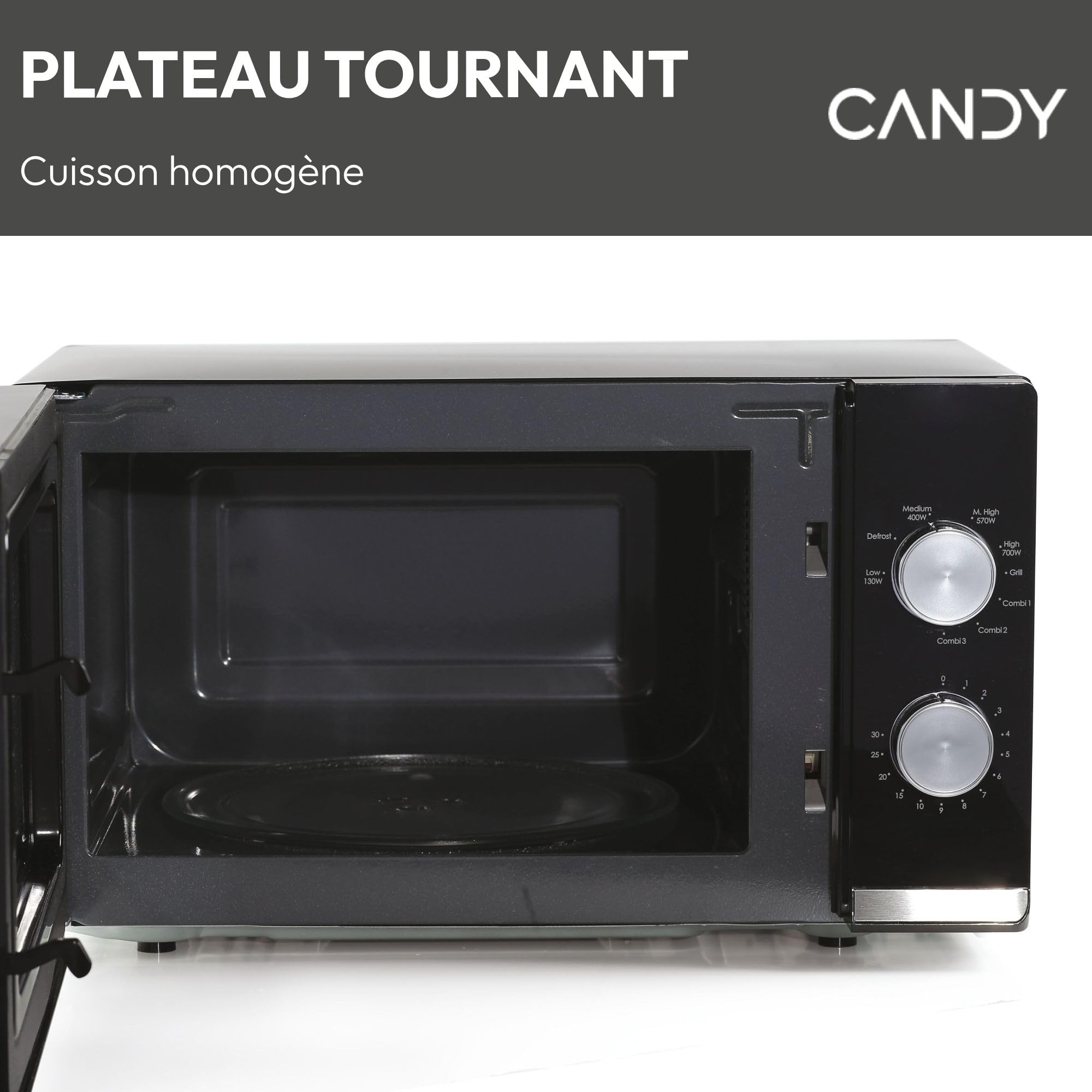 Candy Moderna CMG20TNMB Four Micro-ondes 700 W 20L , Fonction Gril, Fonction Décongélation, 20 litres, Plateau Tournant 24,5cm, Noir & Silver