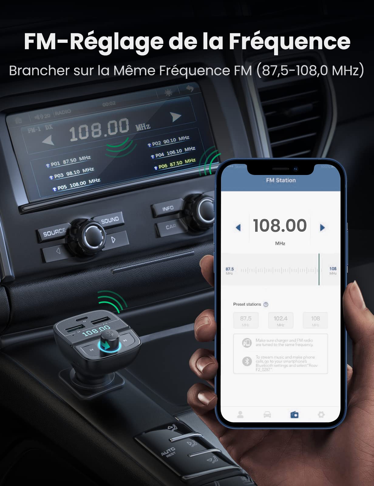 UGREEN Transmetteur FM Bluetooth 5.0 Kit Émetteur FM Voiture Chargeur PD 20W et Quick Charge 3.0, Lecteur MP3 Adaptateur Radio sans Fil, Appel Main Libre, Support Carte Micro SD et Clé USB