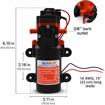 SEAFLO 21 Series Water Pressure Diaphragm Pump - 12V DC, 1.2 GPM, 35 PSI, Adjustable Pressure Switch, Self-Priming, Quiet Operation, Durable Compact Design for RV, Boat, Off-Grid Use -