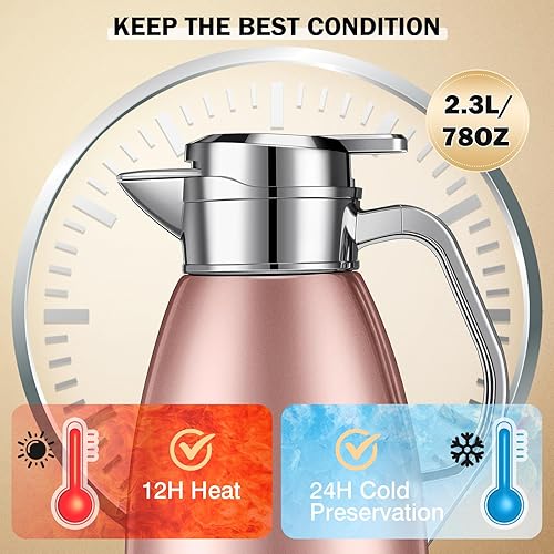 Miniatura 8 de Tioncy 2 jarras térmicas de café de 78 onzas, dispensador de agua caliente, jarra de acero inoxidable para café líquido caliente, té, leche con 2