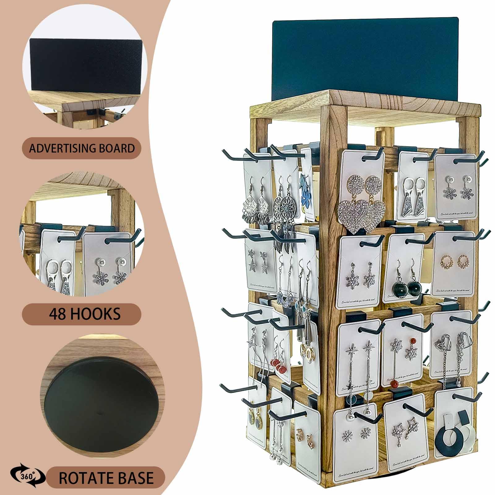 Jewack Wooden rotating Jewelry Display Stand with Removable 48 Hooks advertising board, For Earring Cards necklace bracelet Keychain Jewelry Organizer For Selling For vendor events (brown)