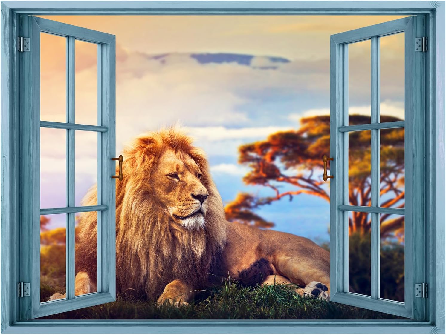 wall26 Removable Wall Sticker/Wall Mural Window View African Jungle Sunset Lion in Field Animals Nature Photography Realism Wildlife Wilderness Portrait for Living Room, Bedroom, Office - 36"x48"