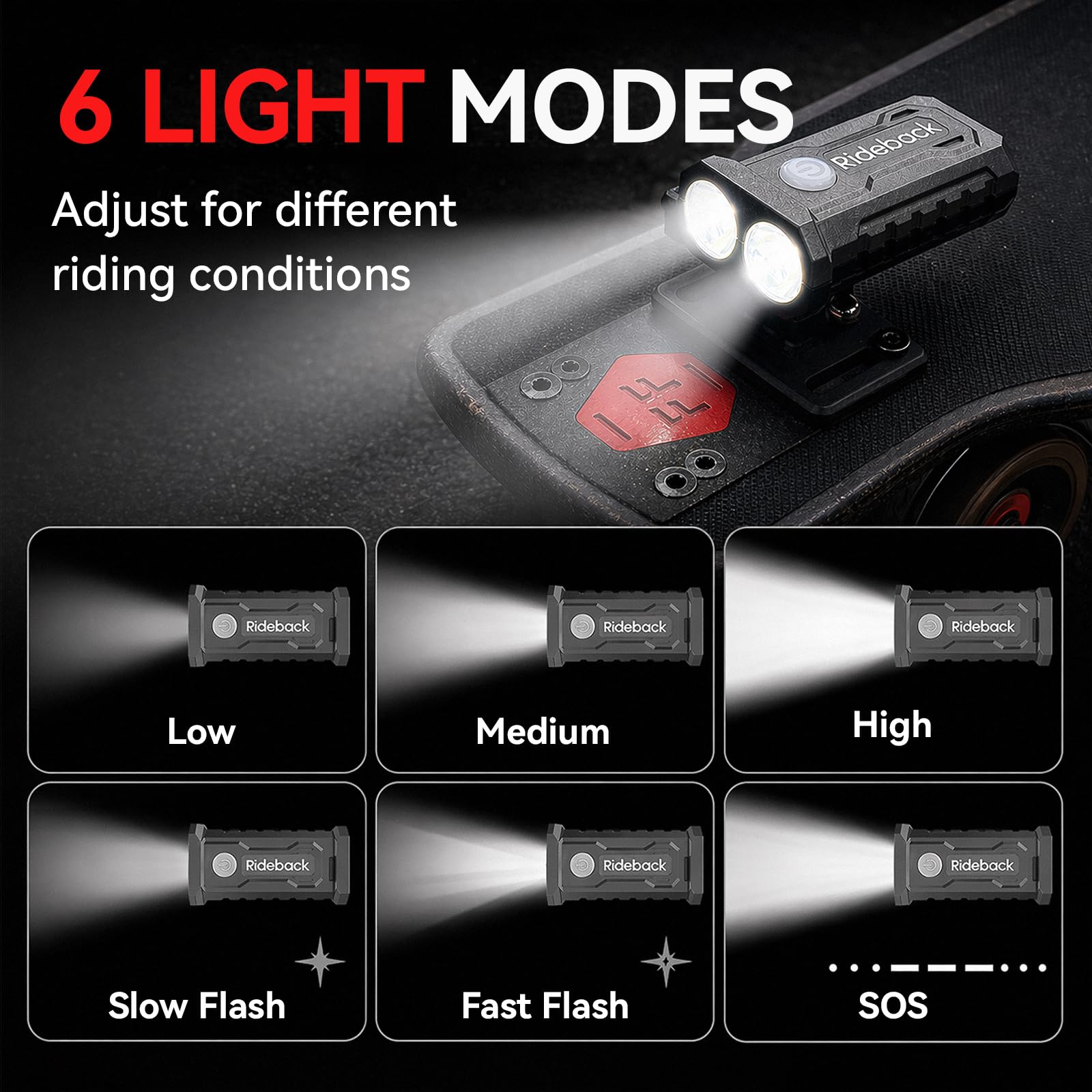 Luci per skateboard, a doppio fascio con supporto a sgancio rapido, visibilità di 30 m, ricaricabile tramite USB, progettata per la guida notturna, luce LED per casco, skateboard, biciclette, scooter