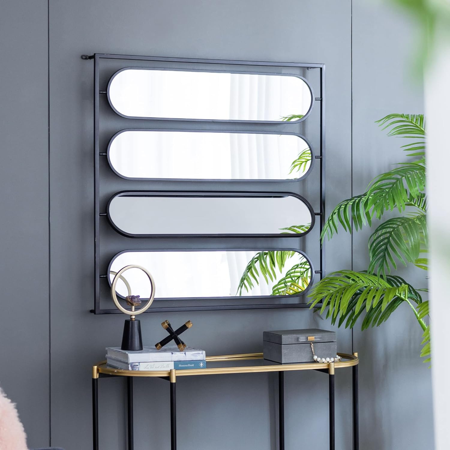 A&B Home Large Wall Mirror with Black Square Frame, 4 Piece Oval Shape Wall Mounted Mirror, Home Wall Decor, Bedroom Living Room Entryway Wall Accent Bathroom Vanity Mirror, 36" x 36"