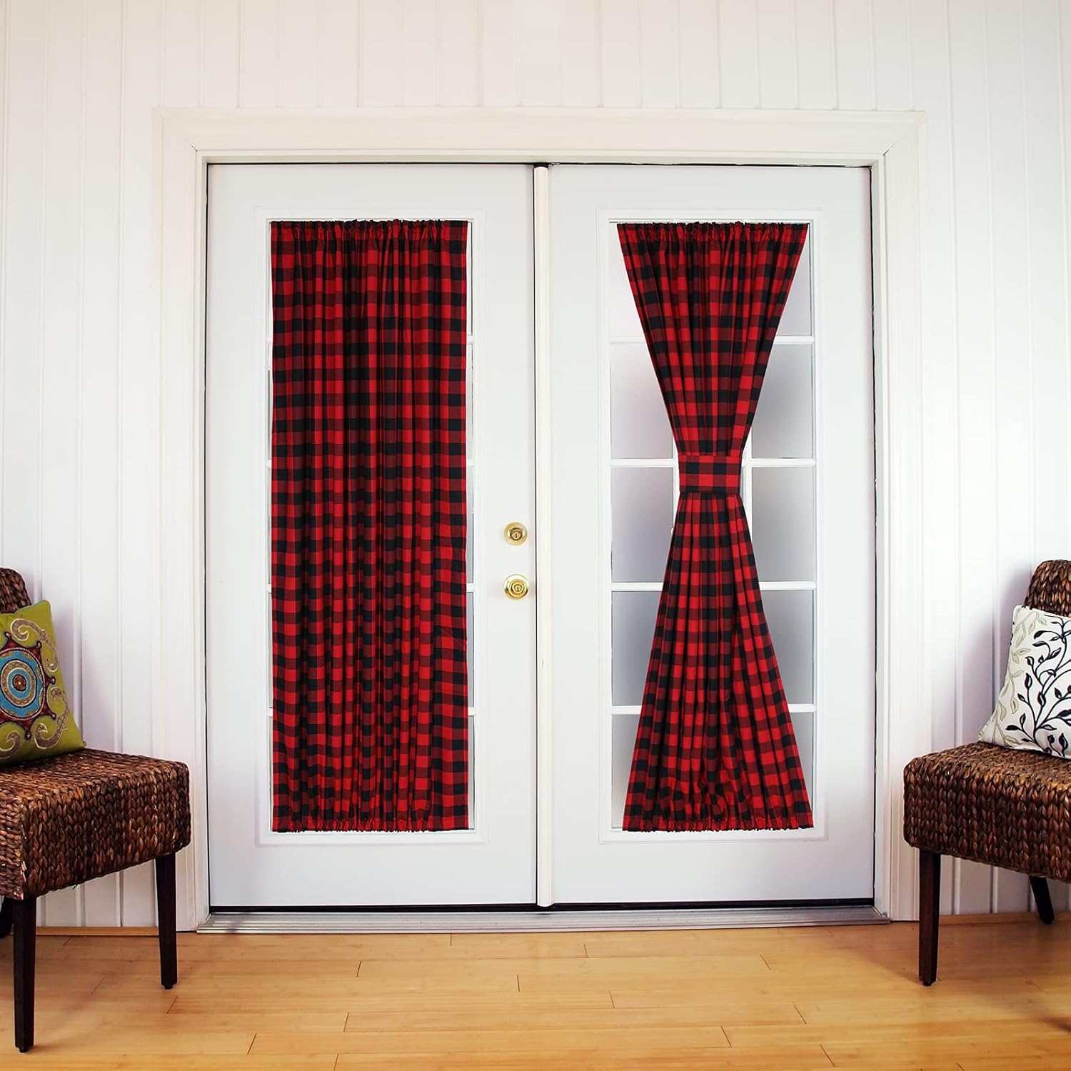 French Door Curtains Buffalo Check Window Curtains Rod Pocket Vintage Drapes for Glass Door Patio Front Door 40 inch Long 2 Panels with Tieback, Red/Black