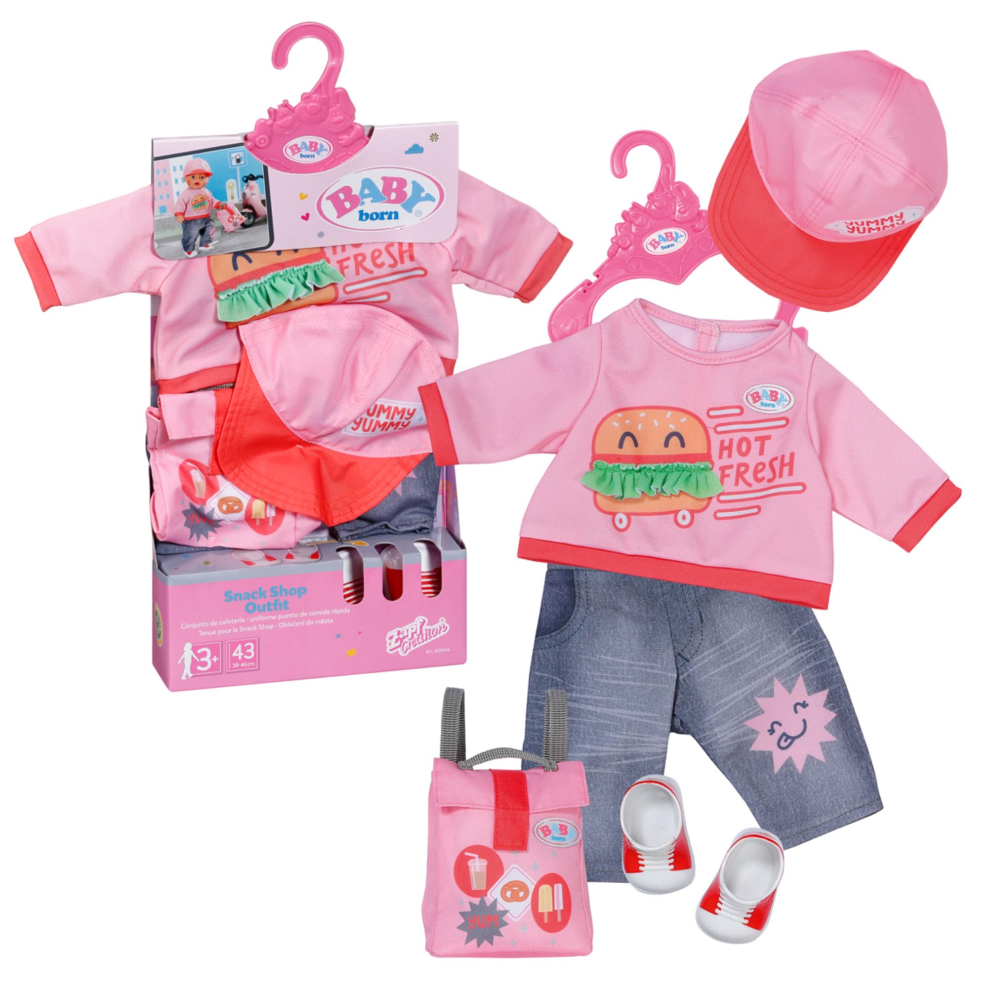 BABY born Snack Shop Outfit, Costume da commessa con Berretto, Scarpe e Zaino per Bambole da 43 cm, 835944 Zapf Creation