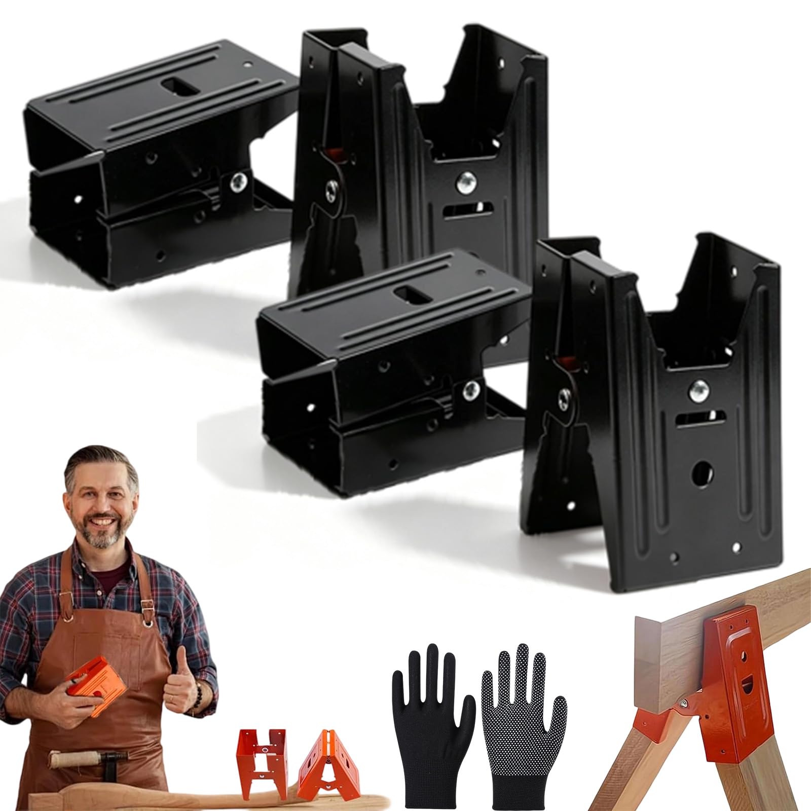 Heavy-Duty Sawhorse Bracket with Down Clamp, Cold Rolled Steel Saw Horse Holders, Saw Horse with Anti-Slip Gripping Teeth, Quick Setup for Woodworking & DIY (4-Black)