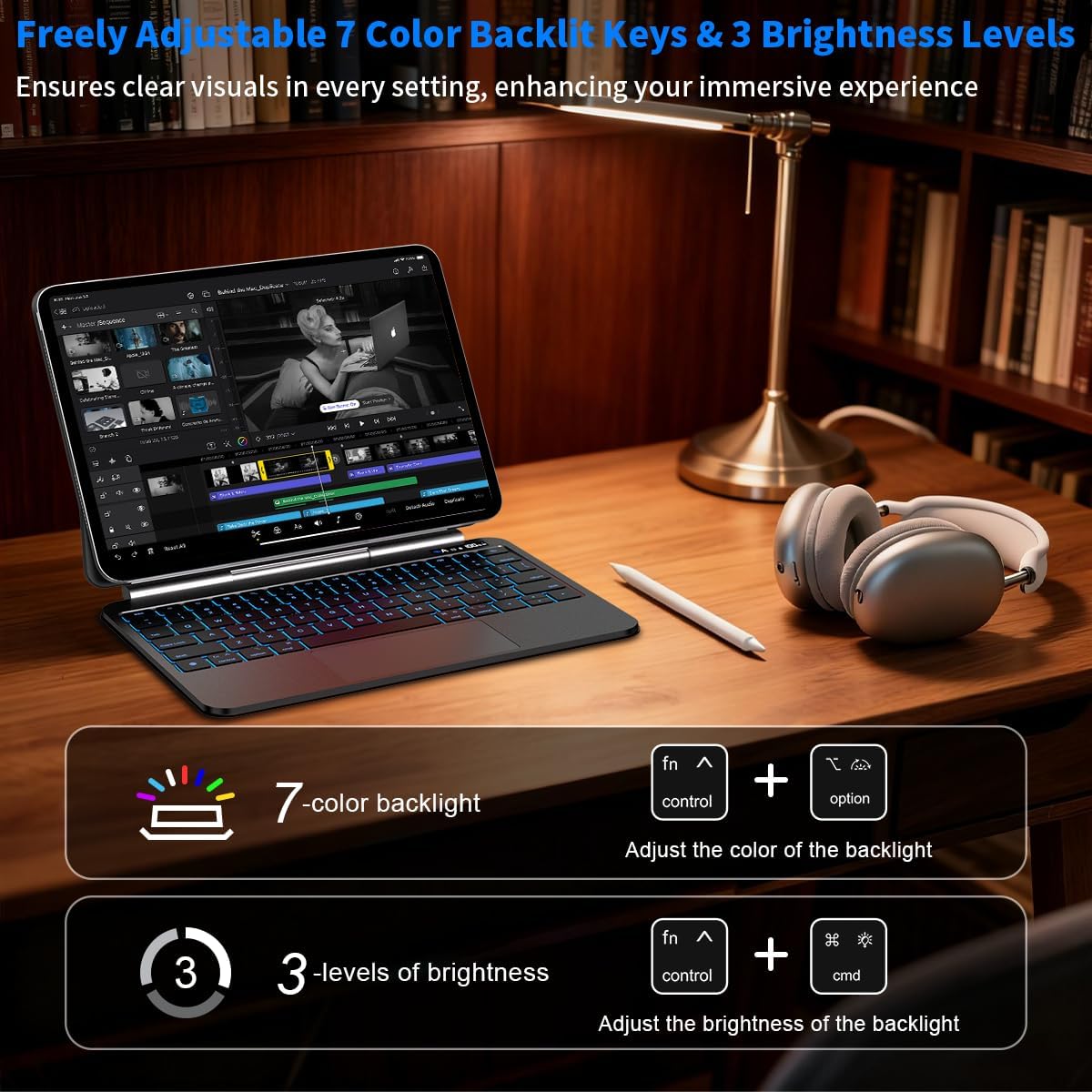 Keyboard Case for iPad Air 11 inch (M3/M2, 2025/2024), iPad Pro 11 inch (1st–4th Gen) & iPad Air 10.9-inch (4th/5th Gen), Aluminum Alloy, Precision Multi-Touch Trackpad, 7-Color Backlit Keys