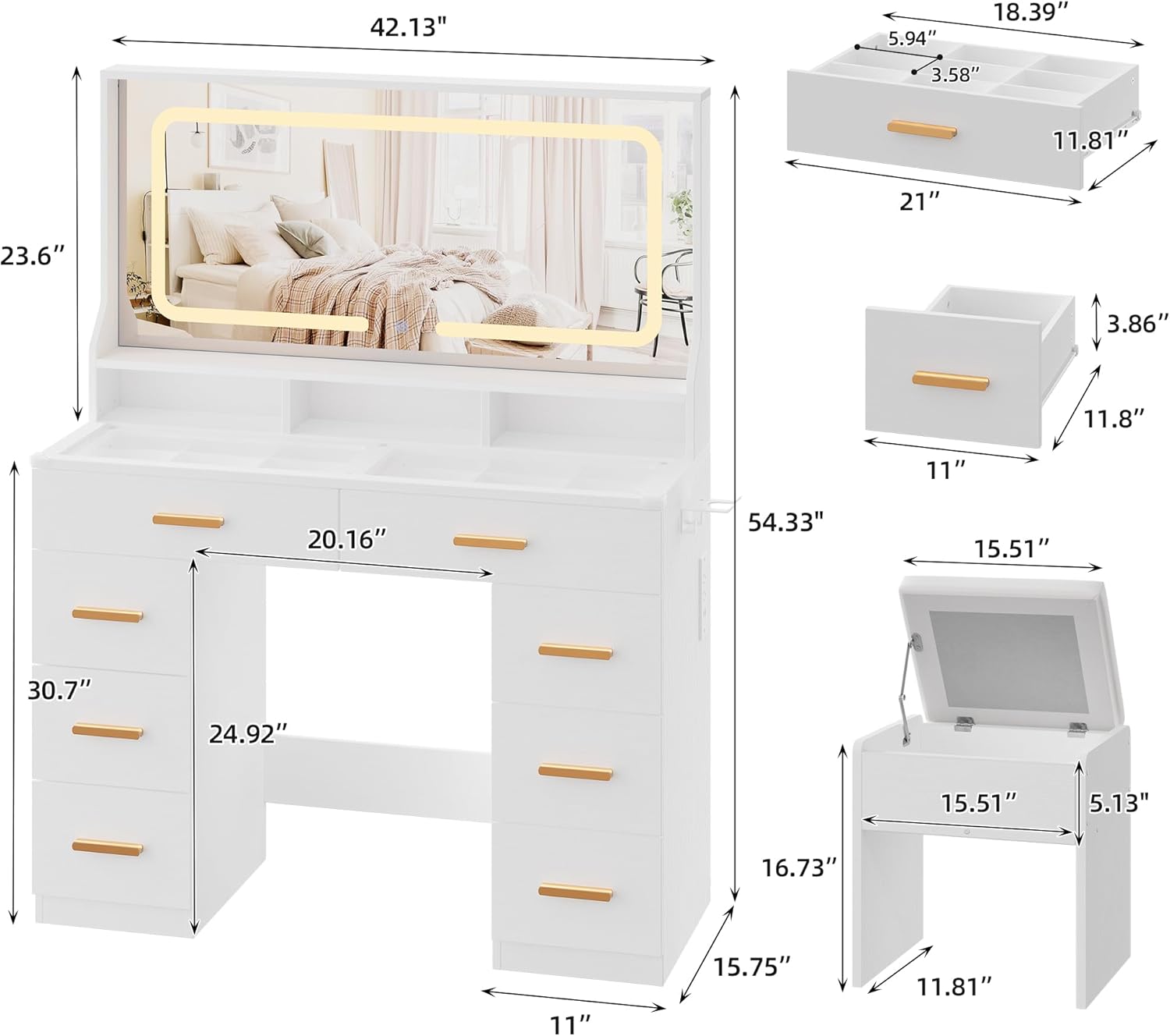 Garvee Vanity Desk with Mirror and Lights, Makeup Vanity Desk for Bedroom with 8 Drawers & 1 Vanity Chair & Power Outlet, Modern Dressing Table Set for Bedroom, Bathroom, White