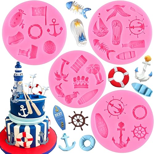 ZiXiang Juego de 4 moldes de silicona para decoración de tartas, mini pantuflas, velero, fondant, ancla, timón, gaviota, gancho para decoración de