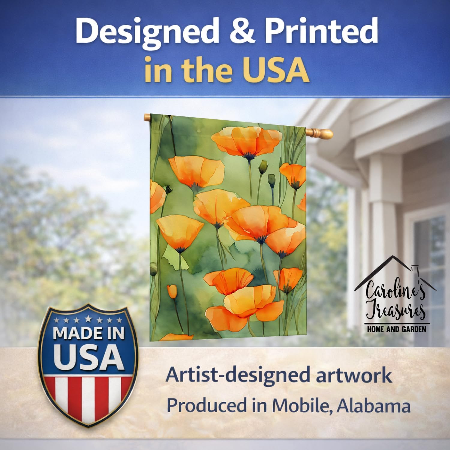 Caroline's Treasures California California Poppies in Watercolor House Flag Large Porch Sleeve Pole Decorative Outside Yard Banner Artwork Wall Hanging, Polyester, House Size, Multicolor