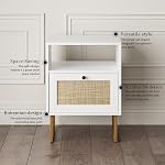 Masupu Rattan Nightstand,Modern Boho Farmhouse Wood Side Table with Storage Drawer and Open Shelf,Small Gold Frame Bedide End Table for Bedroom,Living Room,Office,White