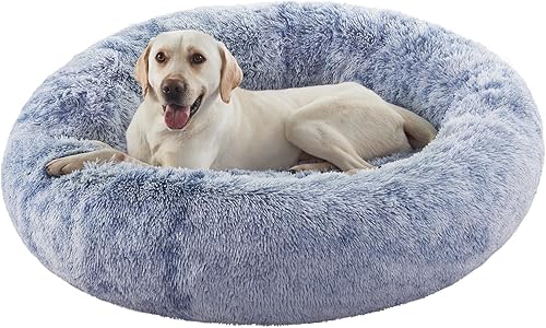 Miniatura 15 de Cama redonda con forma de dona de 36 pulgadas para perros grandes, cama redonda calmante y esponjosa para mascotas con funda extraíble y lavable, se